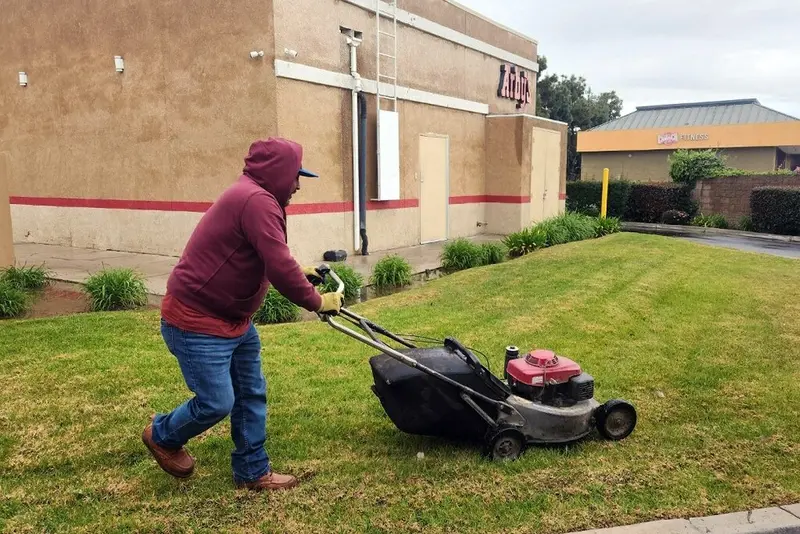 Crew member pushing a walk behind mower across turf beside a commercial retail building