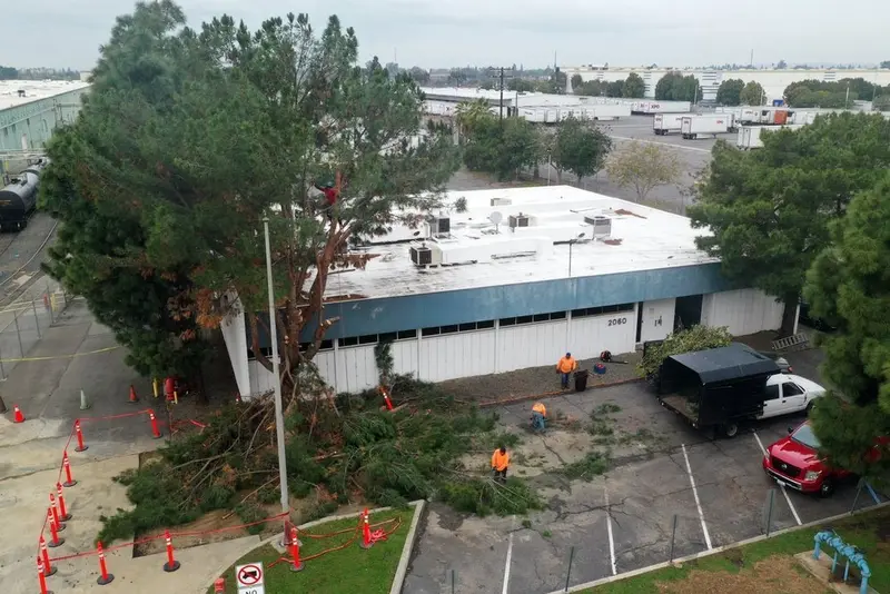 Aerial view of tree work underway at an industrial building with cones and a chipper truck in the lot