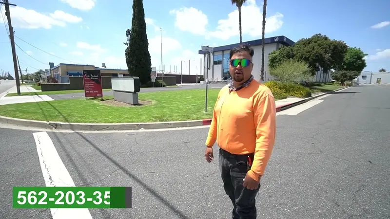 Play video: Mowing a commercial lawn in Santa Fe Springs